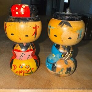 Vintage Japanese Handcrafted Wooden Kokeshi Dolls - Salt and Pepper Shakers